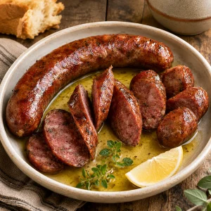 Loukaniko grec grillé et coupé montrant sa farce de porc