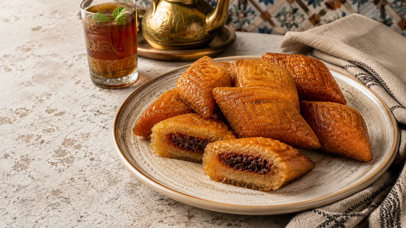 Assiette de Makroudh au miel avec losanges décorés, cœur de dattes visible et verre de thé