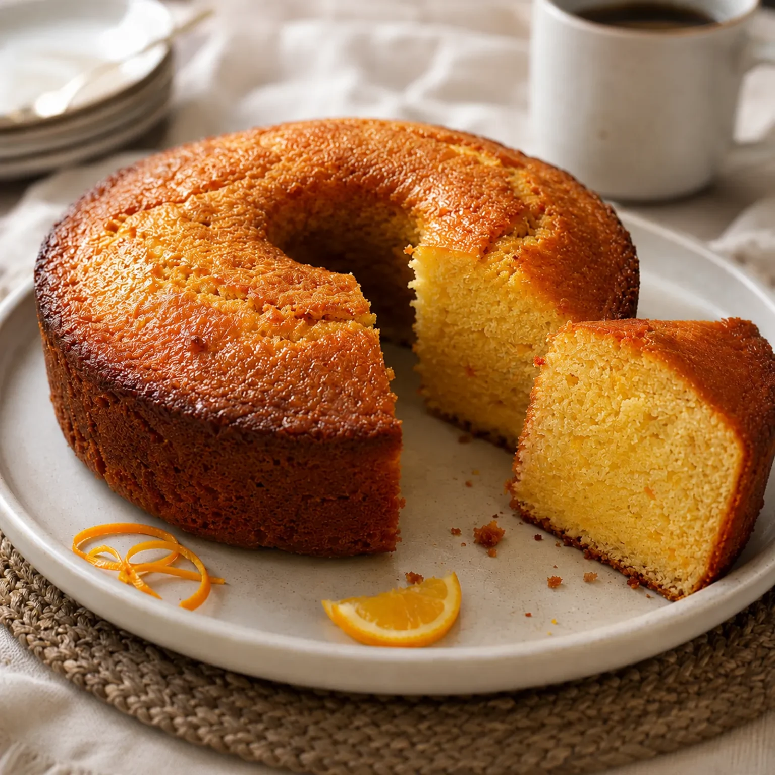 Gâteau doré en couronne avec une part retirée