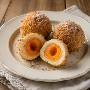 Marillenknödel entiers et coupés montrant des abricots orange dans une pâte claire