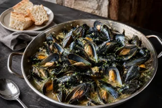 Moules ouvertes dans une cocotte avec bouillon rouge léger
