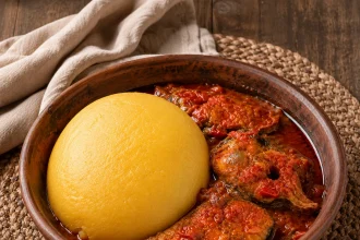 Dôme lisse de pirão jaune servi près d’un ragoût angolais rouge orangé