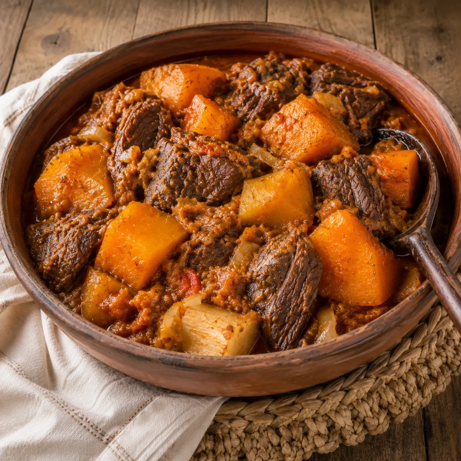 Quibeba orange et épaisse avec gros morceaux de courge et de manioc dans un bol profond