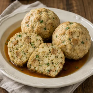 Semmelknödel rondes et coupées montrant des cubes de pain et du persil dans un jus brun