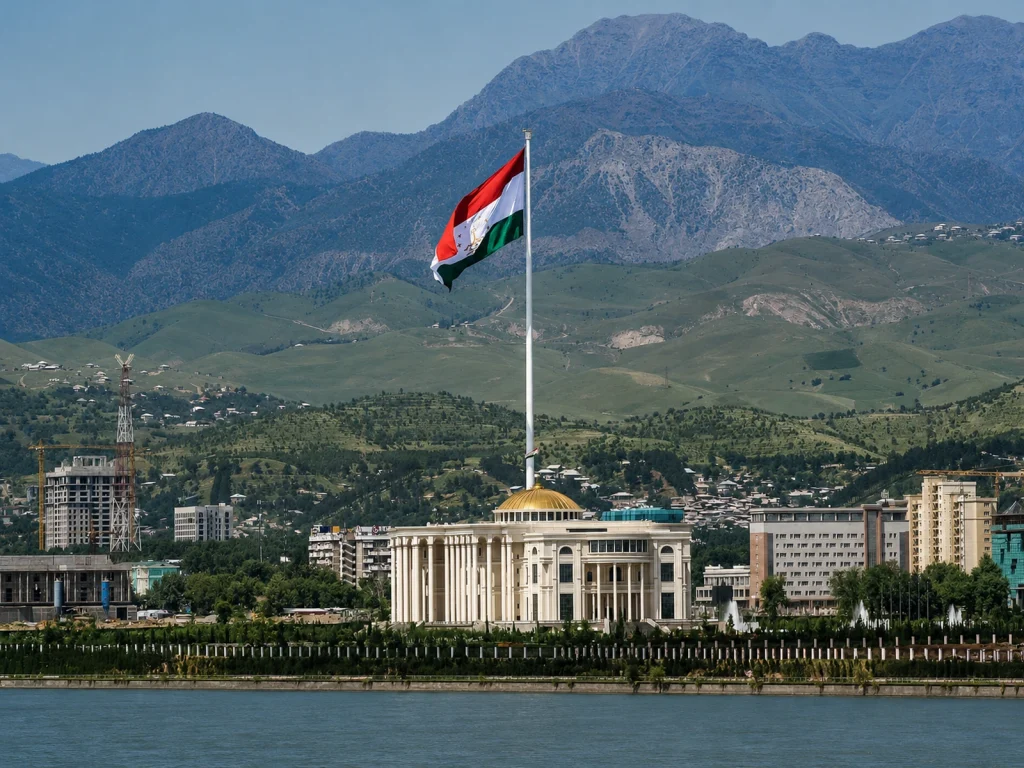 Drapeau tadjik devant un palais de Douchanbé et les montagnes environnantes