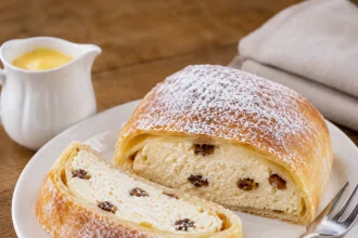 Topfenstrudel doré coupé pour montrer le fromage blanc et les raisins