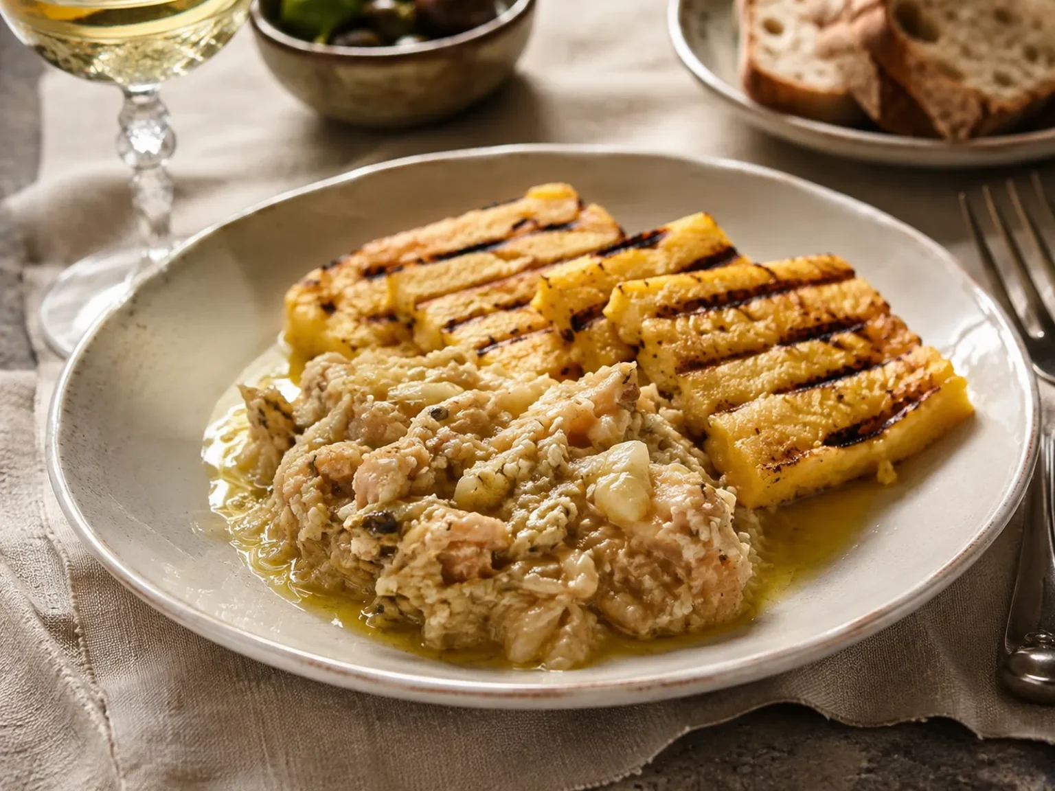 Baccalà alla Vicentina crémeux servi avec polenta dorée