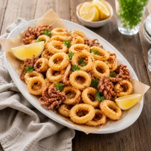 Anneaux et tentacules de calamars frits sur papier dans un plat
