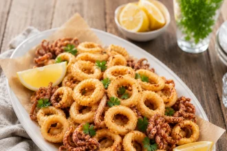 Anneaux et tentacules de calamars frits sur papier dans un plat