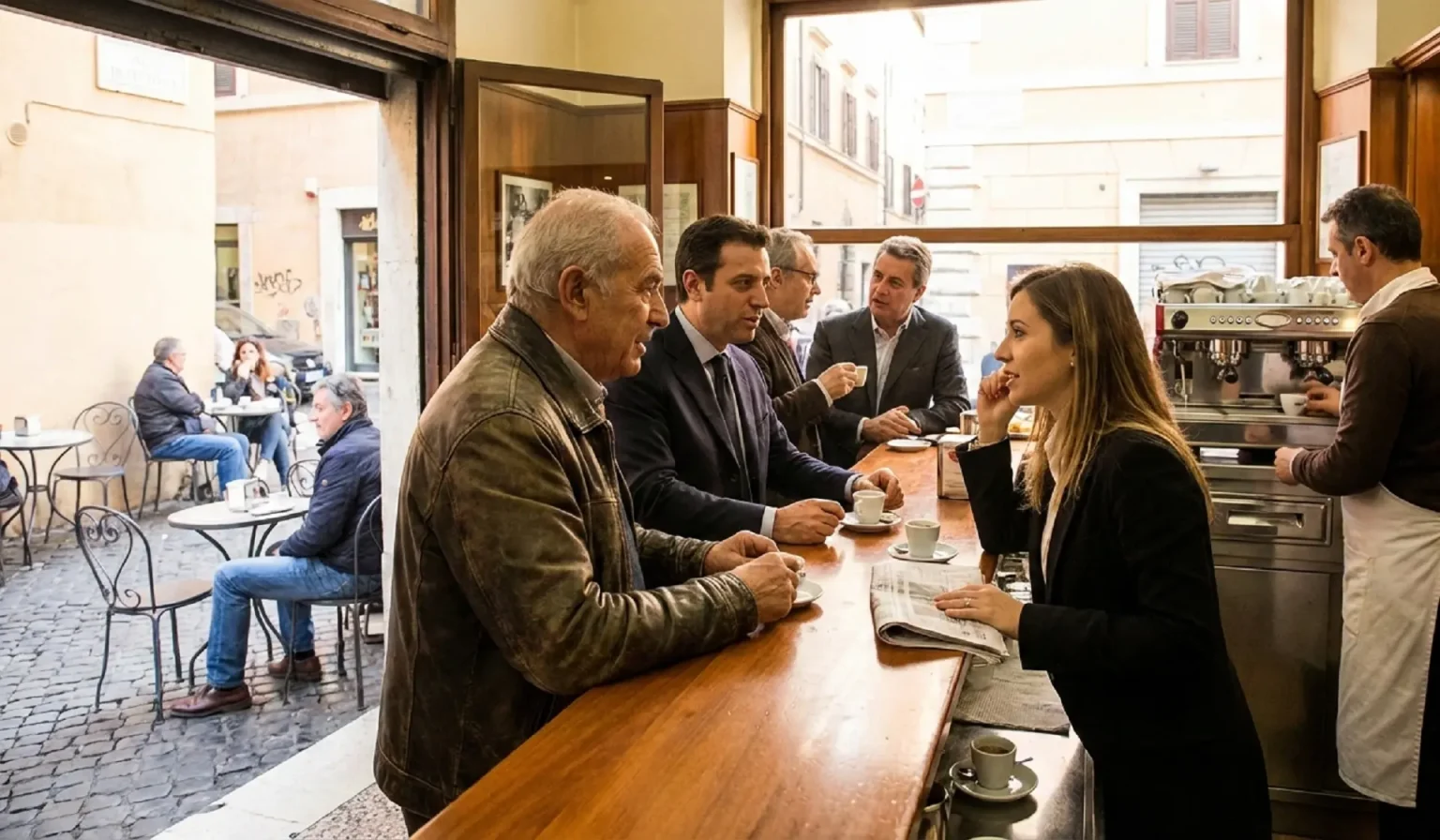 Barista préparant un espresso derrière le comptoir d’un bar italien traditionnel