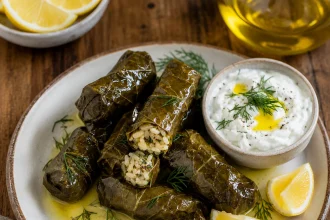 Vue carrée plongeante sur des dolmades dans une assiette en céramique