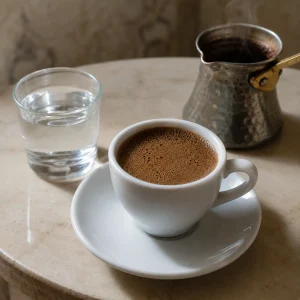 Gros plan carré d’une tasse blanche de café grec coiffée d’une mousse fine