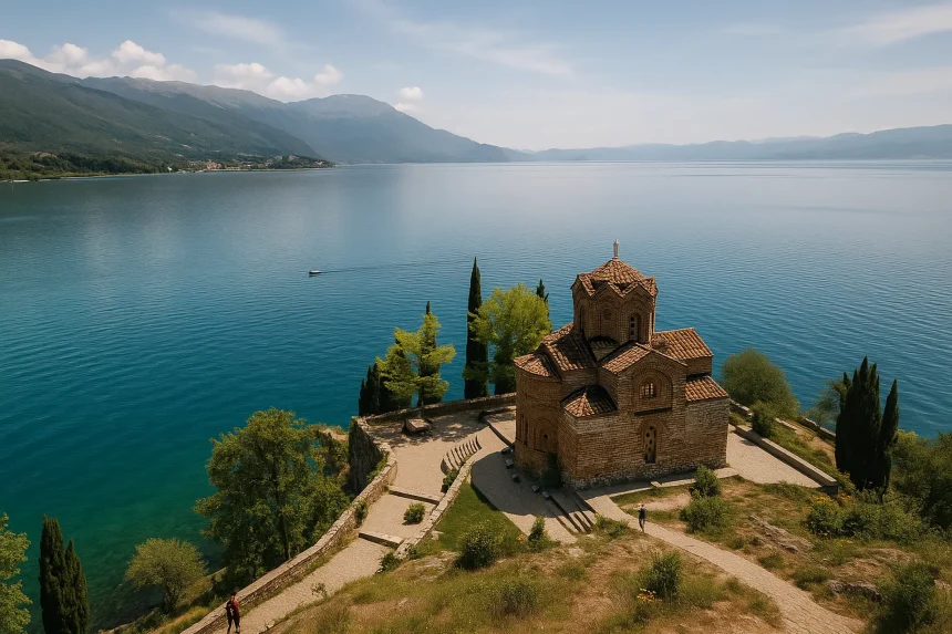 Église Saint-Jean de Kaneo dominant les eaux bleues du lac d’Ohrid