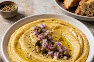 Gros plan carré d’une purée dorée de fava dans un bol blanc peu profond