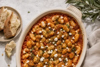 Vue carrée plongeante sur un plat ovale de gros haricots dans une sauce tomate épaisse