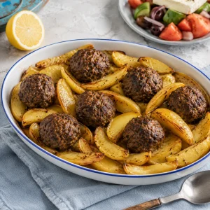 Plat ovale carré de bifteki grecs très bruns entourés de nombreux quartiers de pommes de terre dorés.