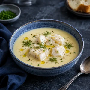 Bol carré de soupe grecque avgolemono avec morceaux de poisson blanc