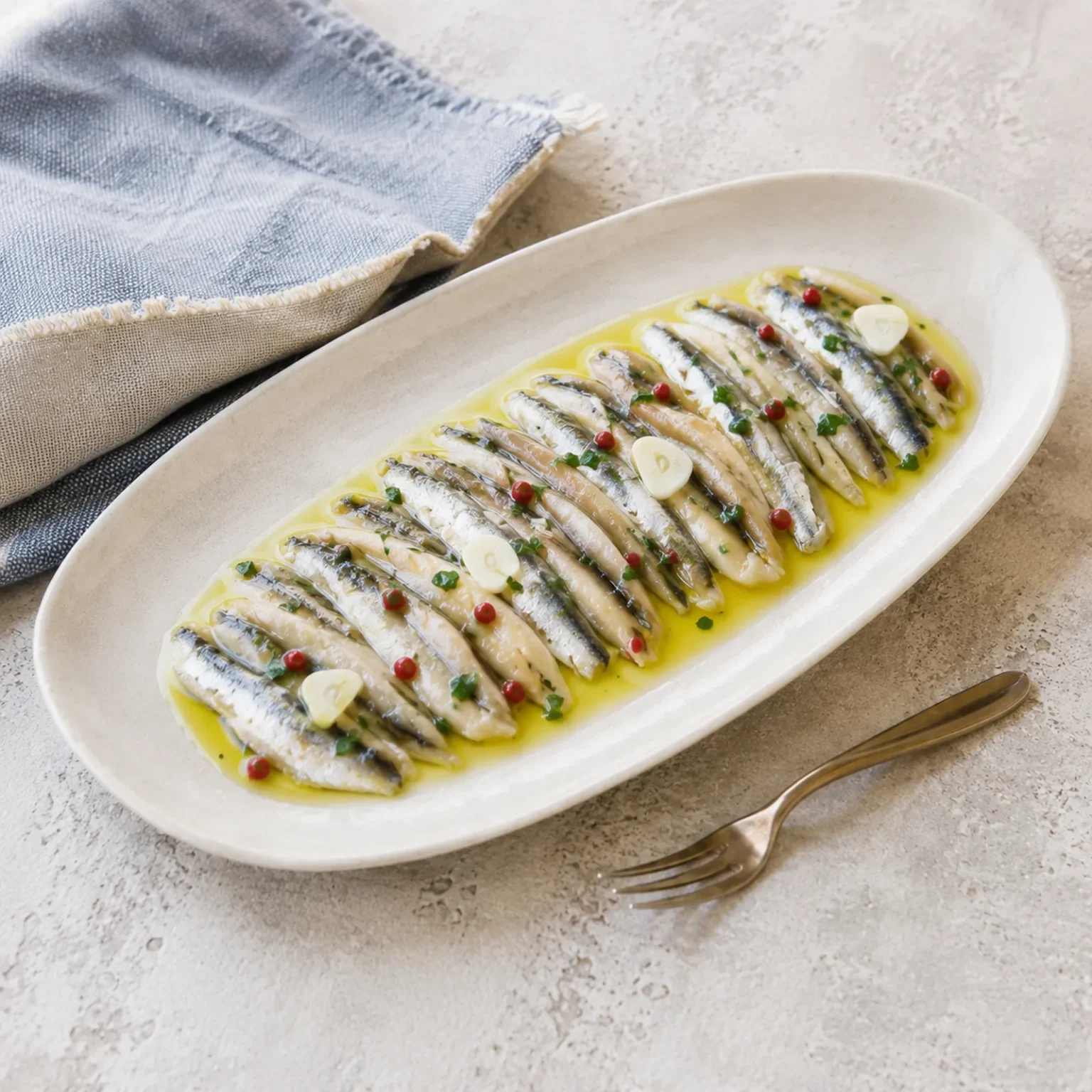 Anchois marinés grecs disposés à plat avec ail