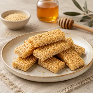 Barres carrées de pasteli au sésame et au miel empilées sur une surface claire