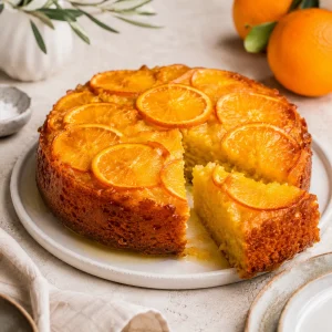 Portokalopita ronde garnie de fines tranches d’orange avec une part retirée