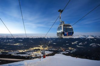 Station de ski européenne enneigée entre village et pistes de montagne