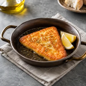 Tranche carrée de saganaki doré dans une petite poêle noire