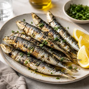 Sardines entières grillées aux peaux brunies sur un plat clair avec citron
