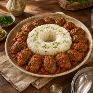 Plat carré de boulettes de bœuf allongées nappées de tomate autour d’un anneau de riz blanc