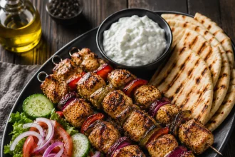 Plateau noir carré avec brochettes de poulet grillé