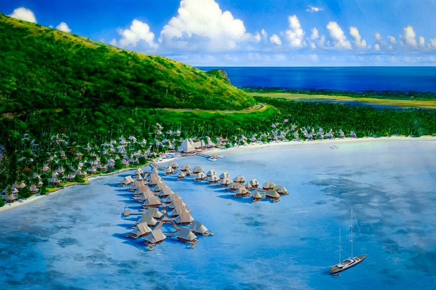 Vue aérienne d’un lagon polynésien turquoise avec bungalows sur pilotis