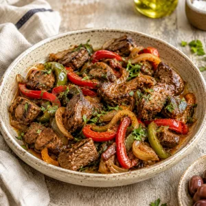 Gros plan carré de cubes de porc dorés avec lanières de poivron rouge et vert et oignon dans un plat peu profond moucheté