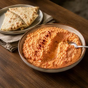 Bol carré de tirokafteri orange pâle à la feta