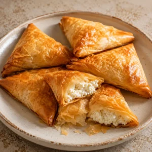 Triangles dorés de tiropita sur une assiette claire