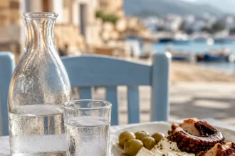 Table carrée au bord de la mer avec petit verre et carafe de tsipouro limpide
