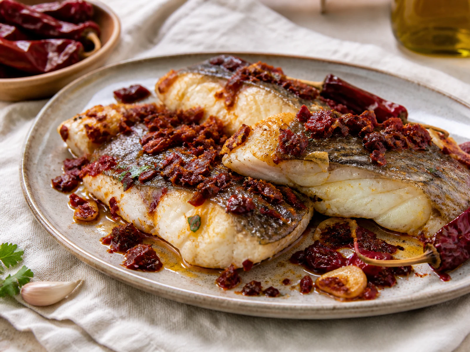 Baccalà alla lucana dengan ikan kod berlapis yang mudah terurai dan peperoni cruschi renyah