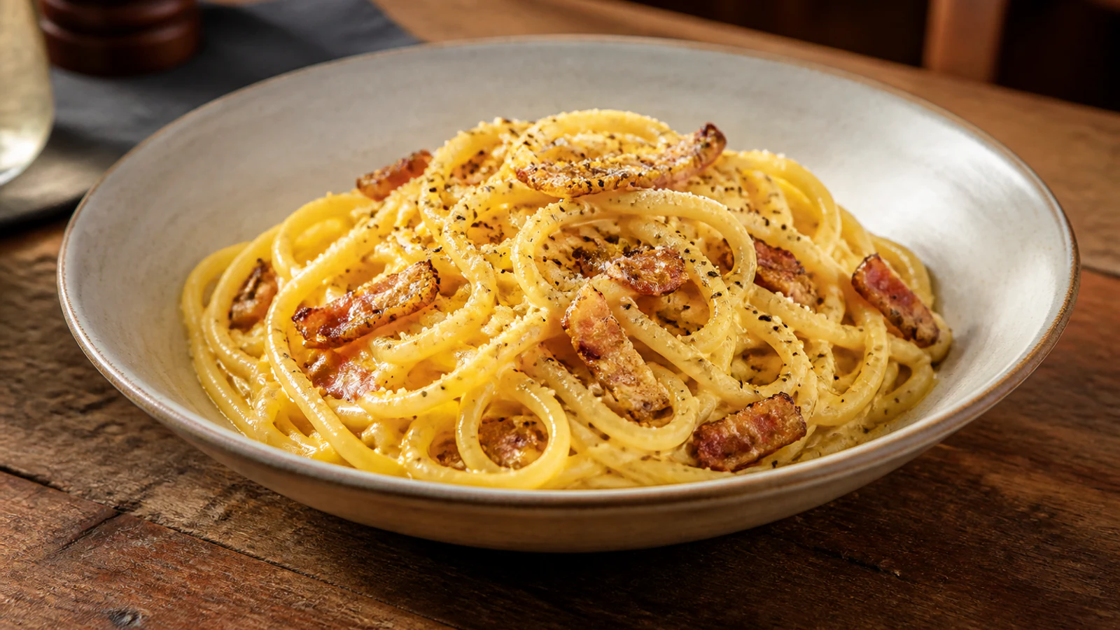 Spaghetti alla Carbonara — Meja Rustic Spaghetti alla carbonara dengan guanciale, Pecorino, dan lada hitam