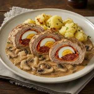 Tre fette di Odrezak Barun Trenk con uovo e kulen nella salsa ai funghi