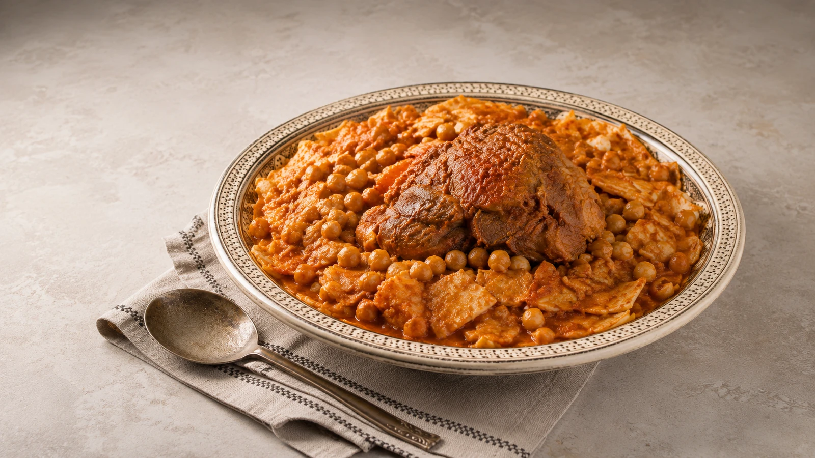 Piatto largo di chakhchoukha con agnello, ceci e rougag in salsa di pomodoro speziata