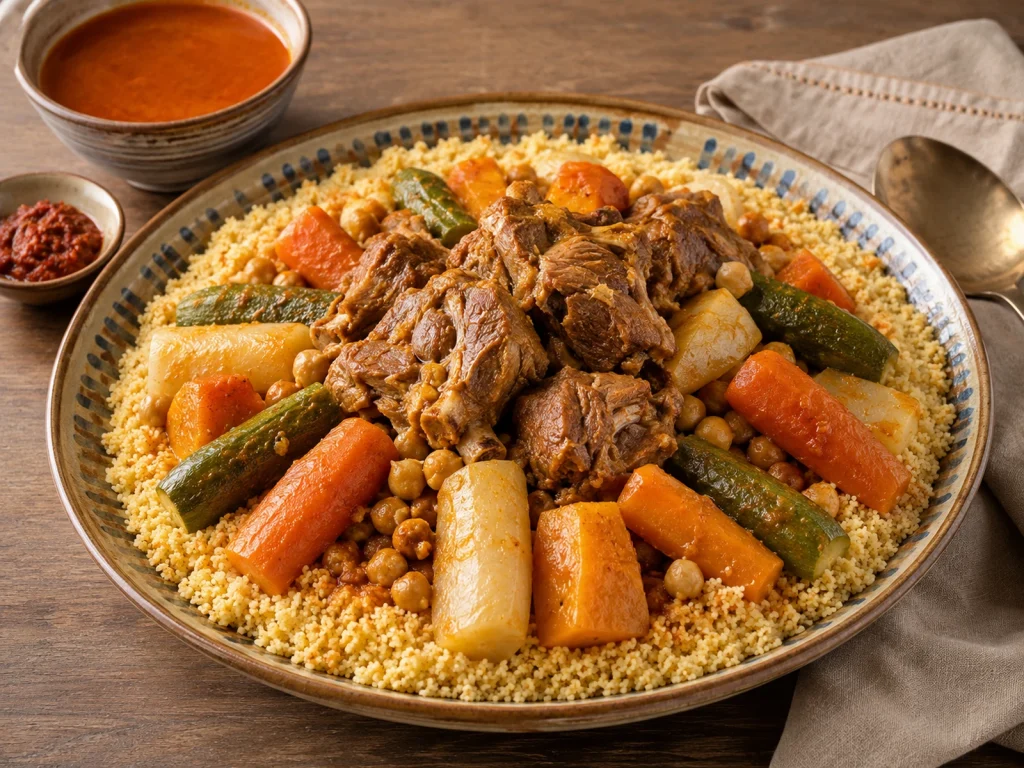 Grande piatto di couscous algerino con agnello, ceci e verdure in pezzi grandi
