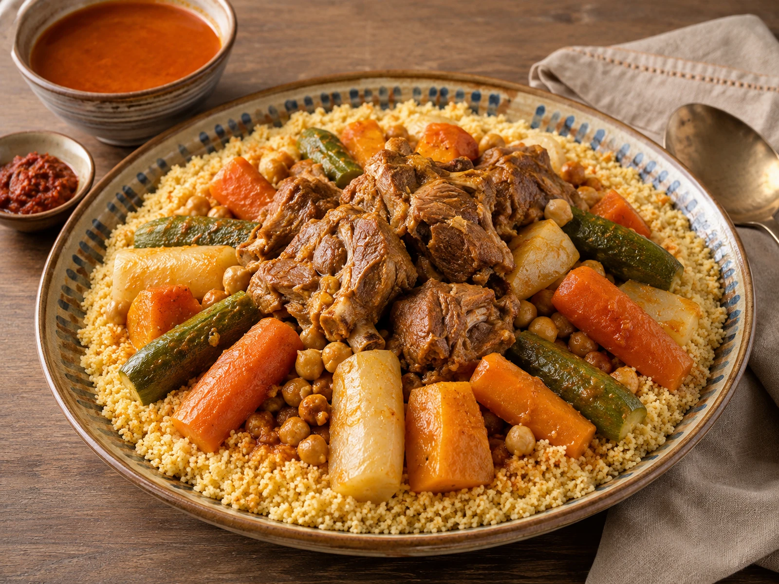Grande piatto di couscous algerino con agnello, ceci e verdure in pezzi grandi
