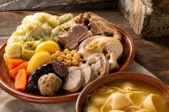 Zuppa di galets accanto a un vassoio con carni