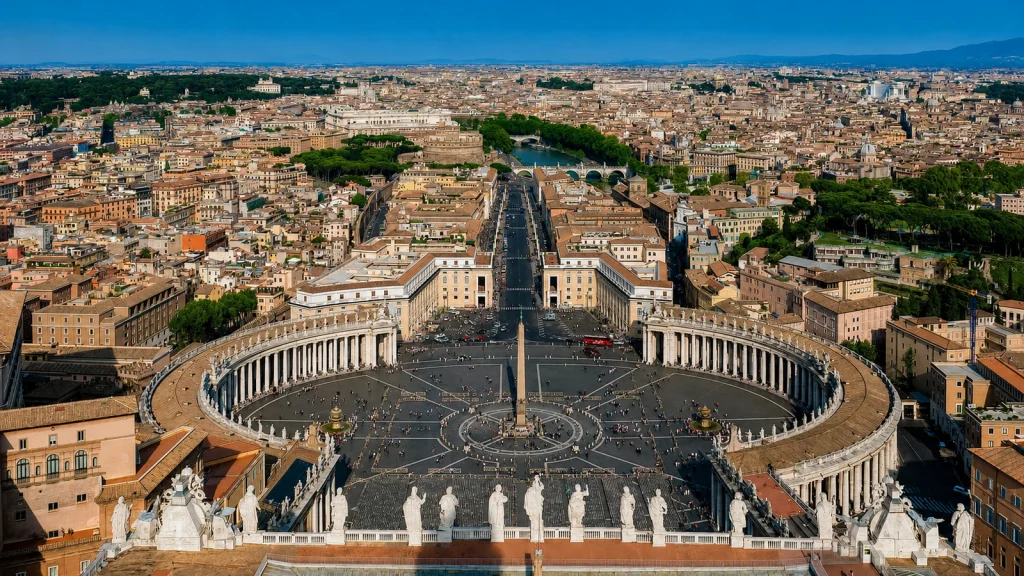 Piazza San Pietro e il centro di Roma osservati dall’alto