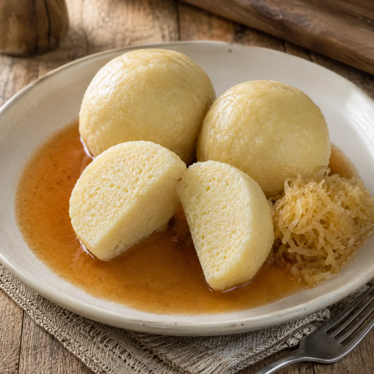 Kartoffelknödel interi e tagliati in salsa bruna con crauti