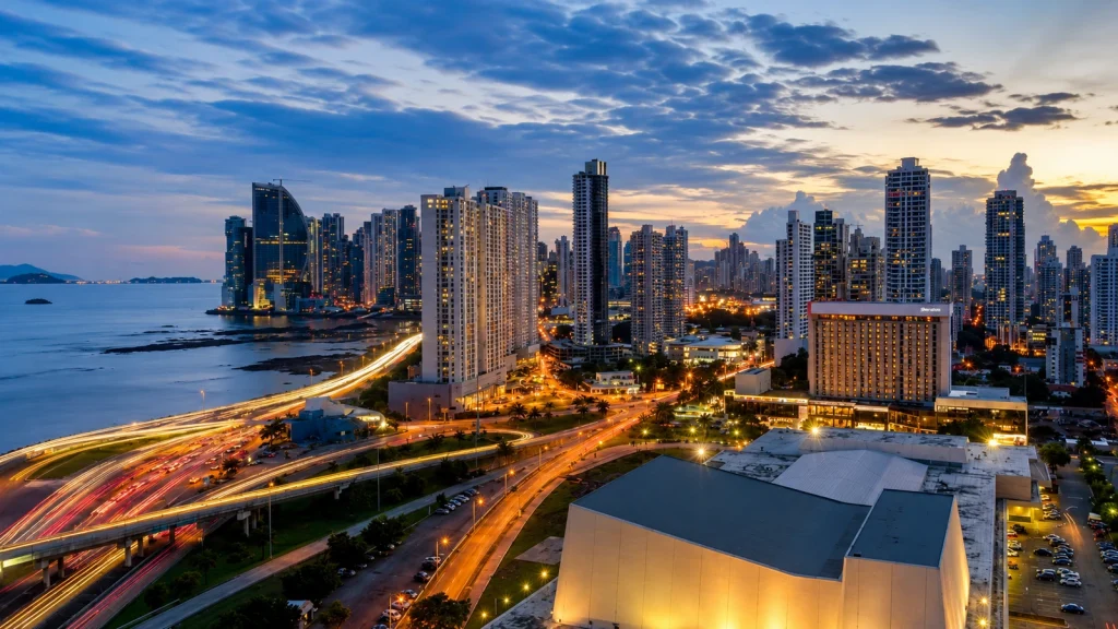 Grattacieli e viabilità costiera di Panama City illuminati al tramonto