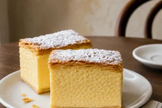Due quadrati alti di kremšnita con crema alla vaniglia