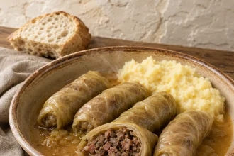 Arambašići di Sinj in una ciotola con un involtino aperto