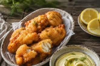 Pezzi dorati di baccalà fritto in un piatto ovale accanto a una ciotola di skordalià chiara