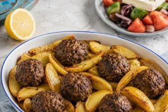 Pirofila ovale bianca con sette bifteki scuri e dorati tra molti spicchi di patate al limone.