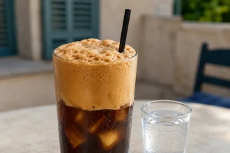 Bicchiere alto di frappé greco scuro con una spessa schiuma nocciola