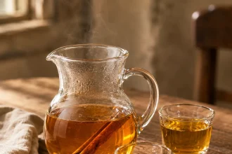 Rakomelo ambrato in una caraffa di vetro con due bicchierini